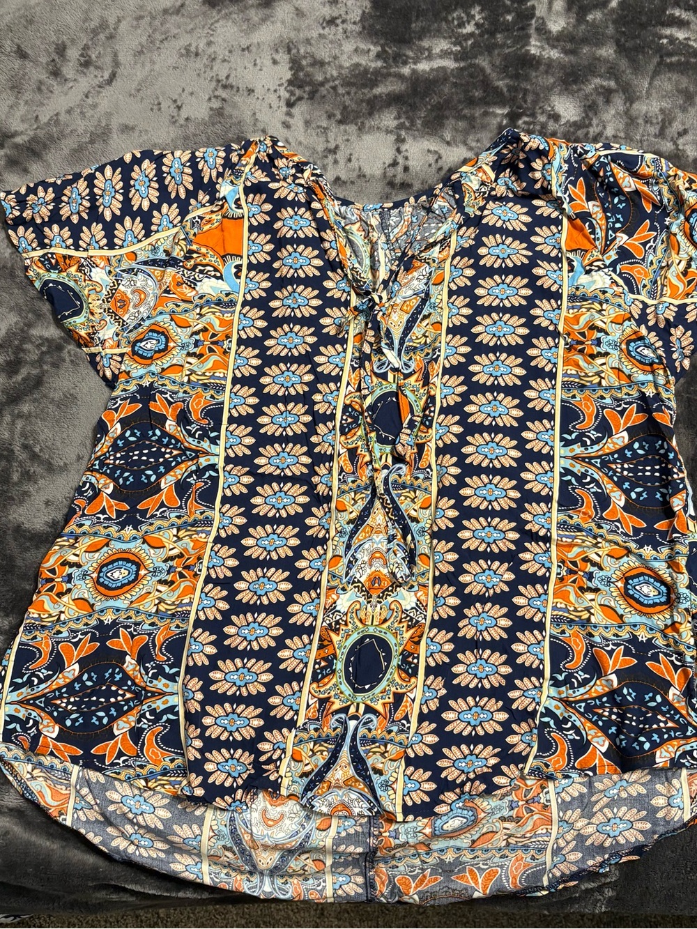 SHEIN Navy and Orange Paisley Floral Tie-Front Blouse